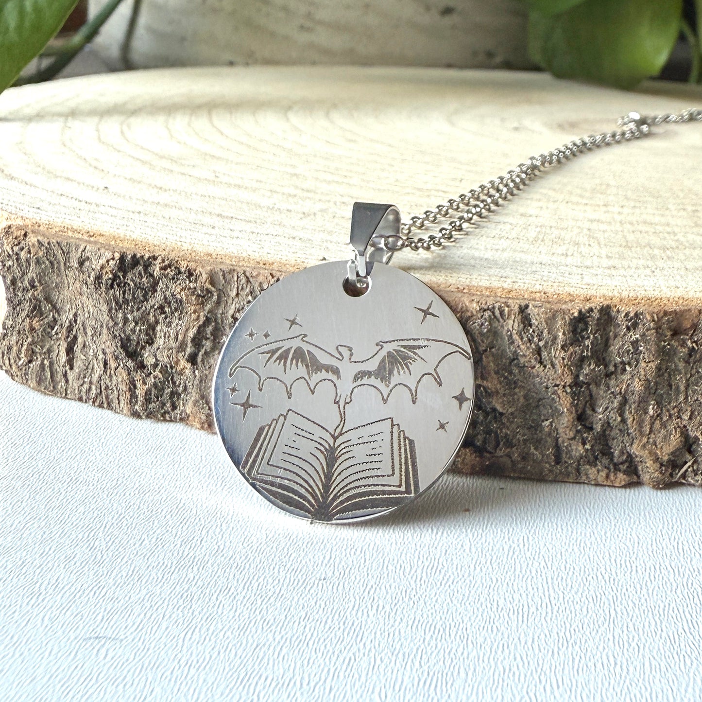 Dragon Bookish Necklace, 304 Stainless Steel pendant, engraved fantasy book jewellery