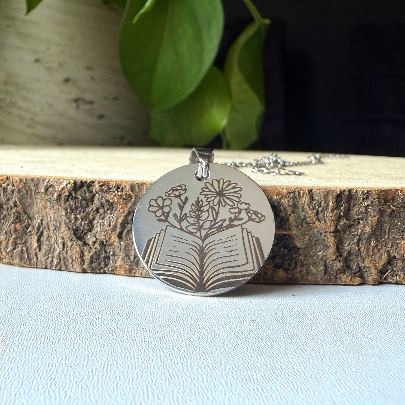 Bookish Necklace, 304 Stainless Steel floral pendant, engraved book jewellery