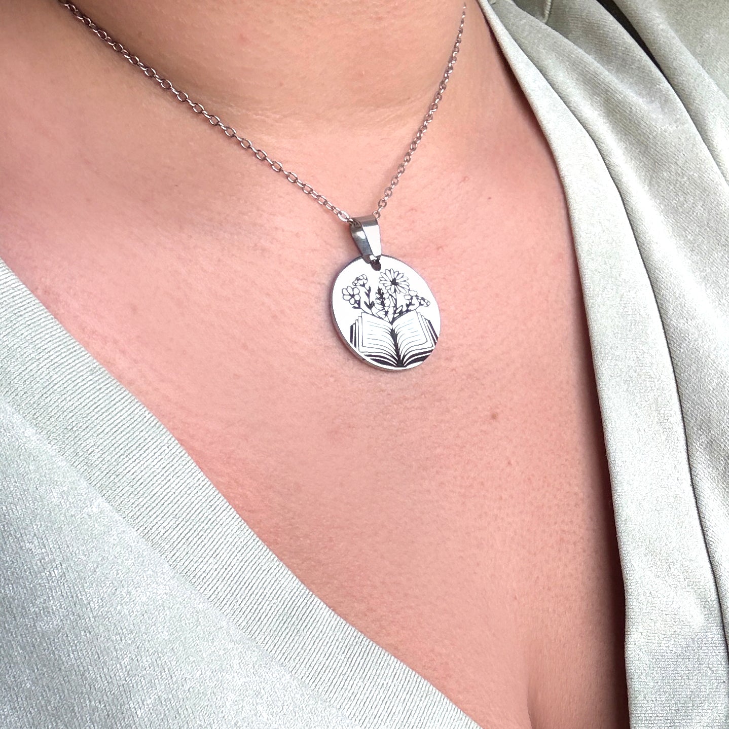 Bookish Necklace, 304 Stainless Steel floral pendant, engraved book jewellery