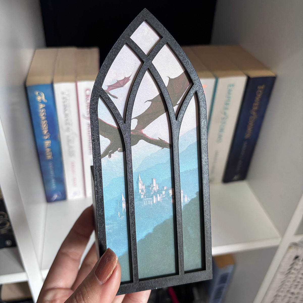 Flying Dragon and Castle Window Bookmark box, Bookcase Window with Bookmark box