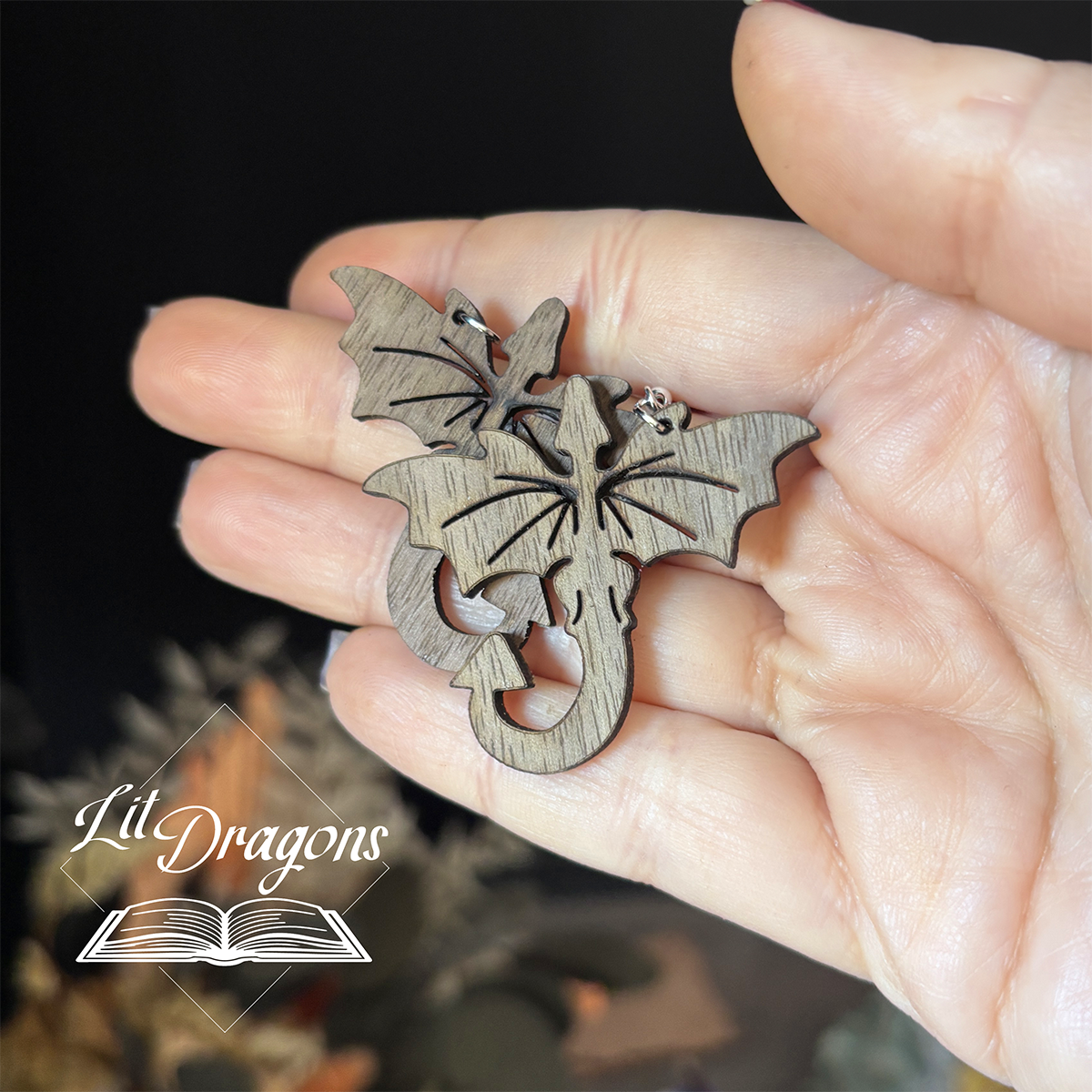 Wooden Dragon Drop Earrings, Handmade Fantasy Earrings