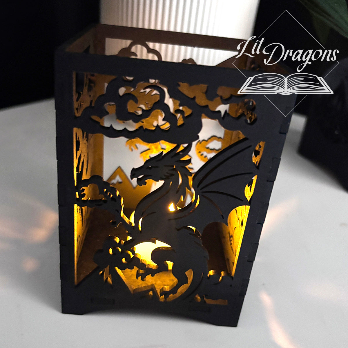 Dragon book lantern, LED wooden fantasy dragon book candle