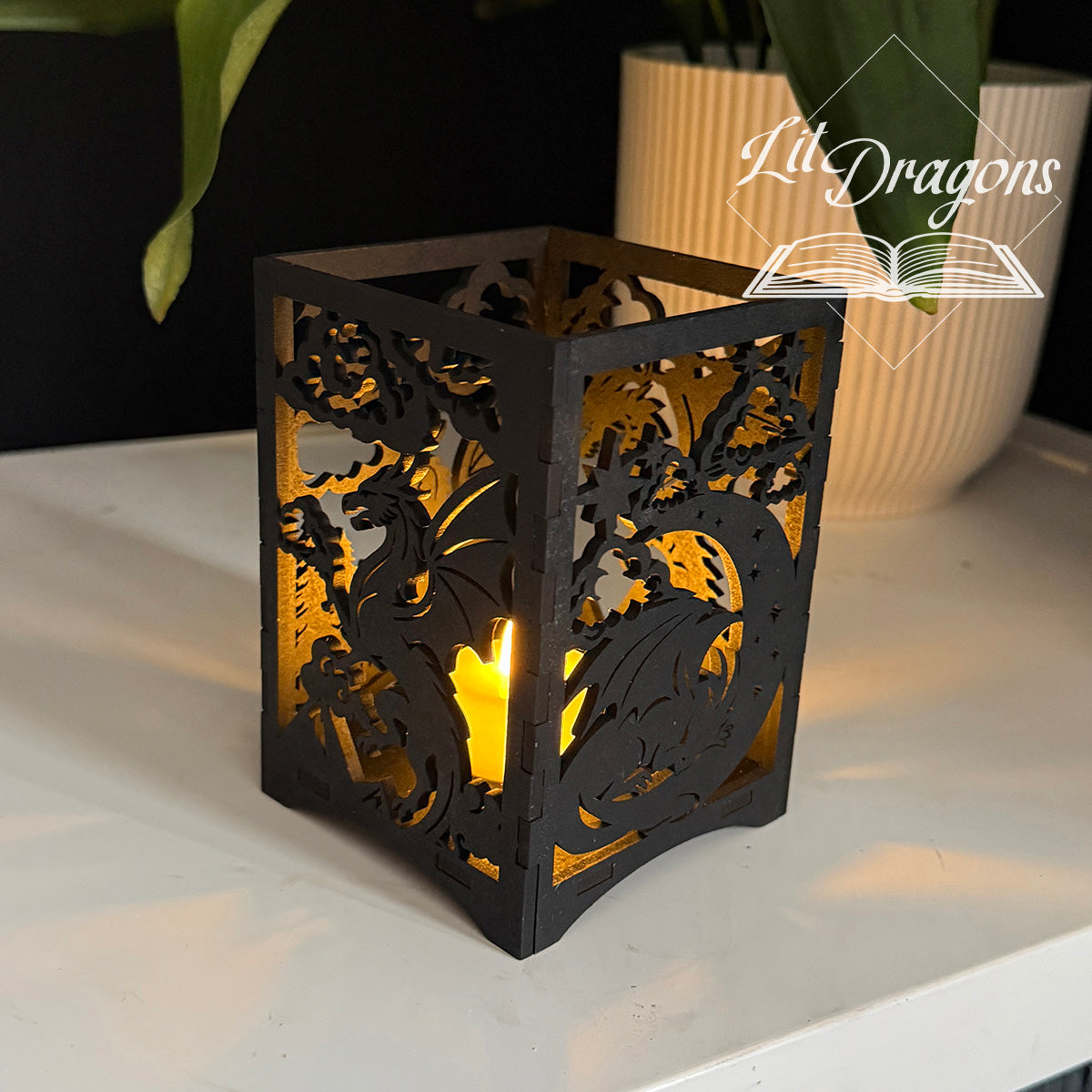 Dragon book lantern, LED wooden fantasy dragon book candle