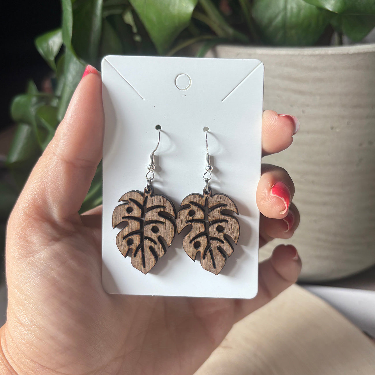 Hanging Monstera Earring, Wooden Handmade Earrings