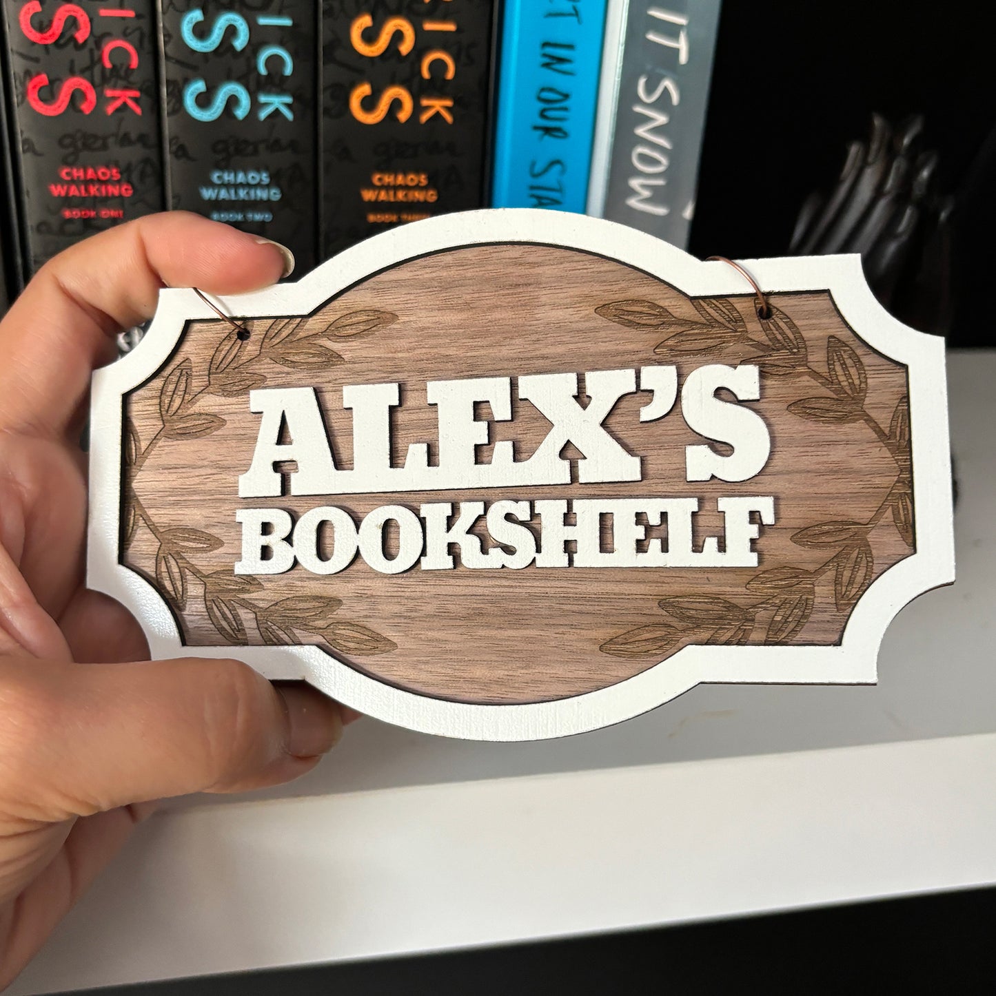 Personalised Shelf Hanger, Library Name Sign