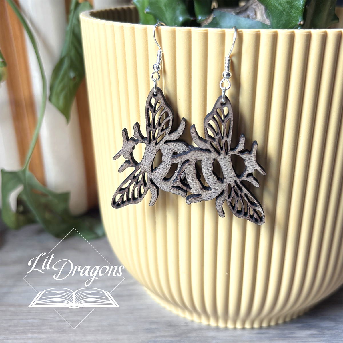 Wooden Bee Drop Earrings, Handmade Bumblebee Earrings