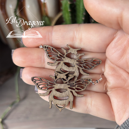 Wooden Bee Drop Earrings, Handmade Bumblebee Earrings
