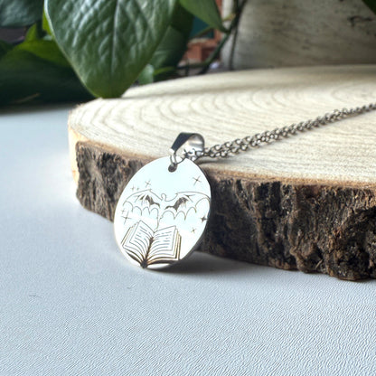 Dragon Bookish Necklace, 304 Stainless Steel pendant, engraved fantasy book jewellery