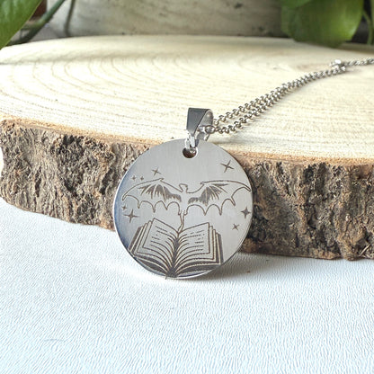 Dragon Bookish Necklace, 304 Stainless Steel pendant, engraved fantasy book jewellery