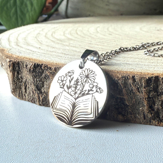 Bookish Necklace, 304 Stainless Steel floral pendant, engraved book jewellery