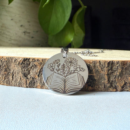 Bookish Necklace, 304 Stainless Steel floral pendant, engraved book jewellery
