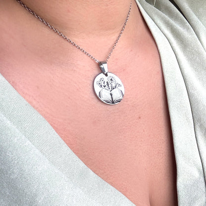 Bookish Necklace, 304 Stainless Steel floral pendant, engraved book jewellery