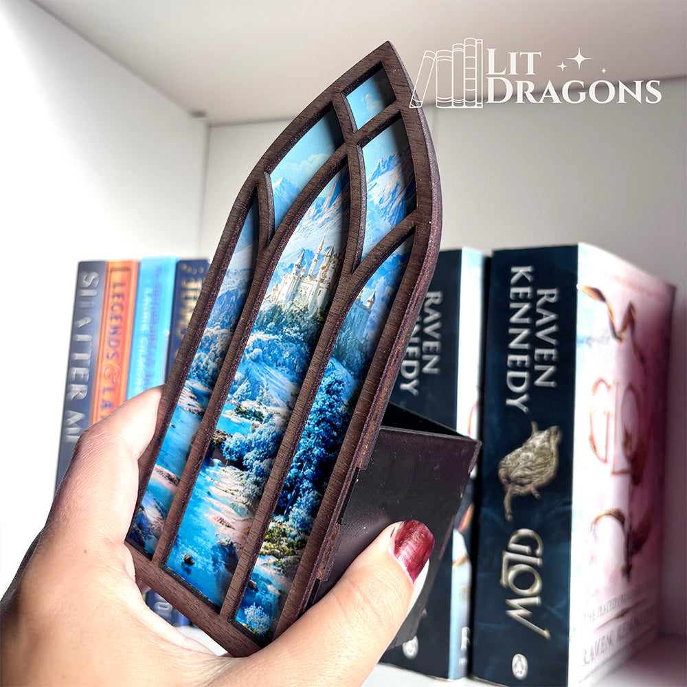 Fantasy Castle on a Hill Window Bookmark box, Bookcase Window with Bookmark box