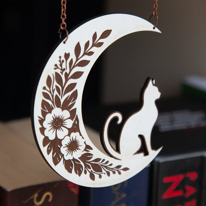 Floral Crescent Moon Cat Hanging Bookshelf Charm