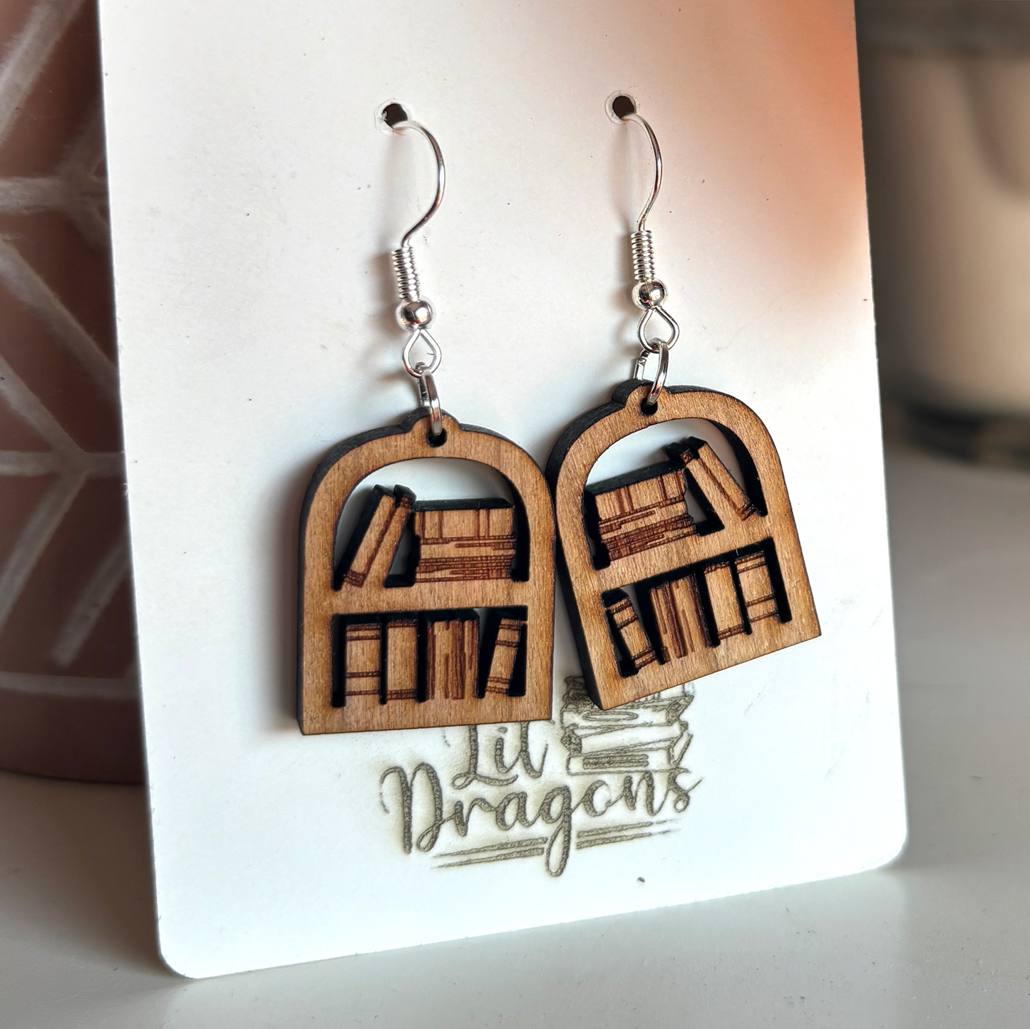 Hanging Bookcase Earring, Bookshelf Wooden Earrings