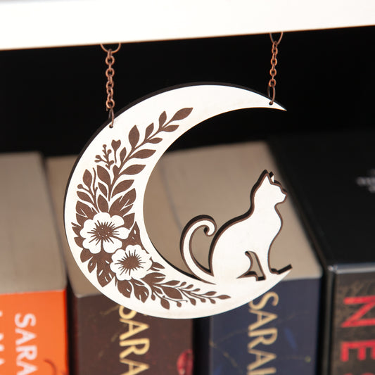 Floral Crescent Moon Cat Hanging Bookshelf Charm