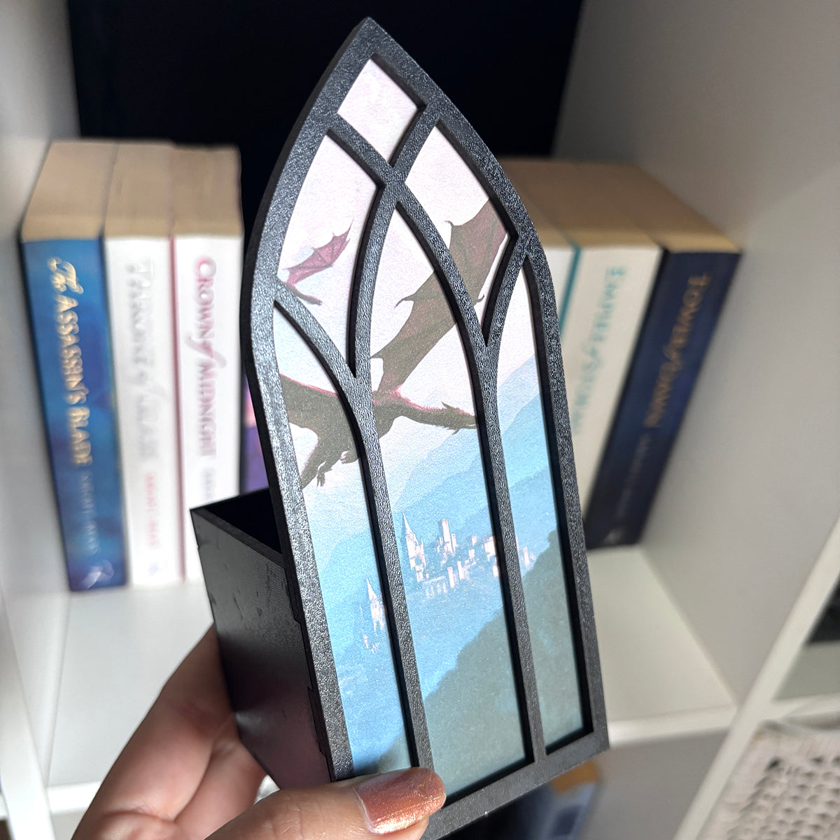 Flying Dragon and Castle Window Bookmark box, Bookcase Window with Bookmark box
