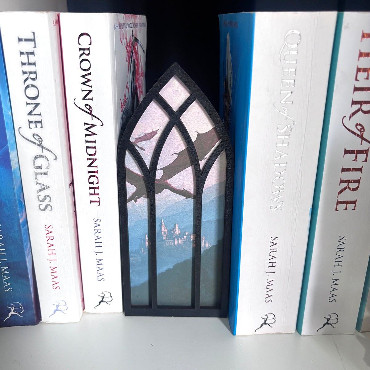 Flying Dragon and Castle Window Bookmark box, Bookcase Window with Bookmark box