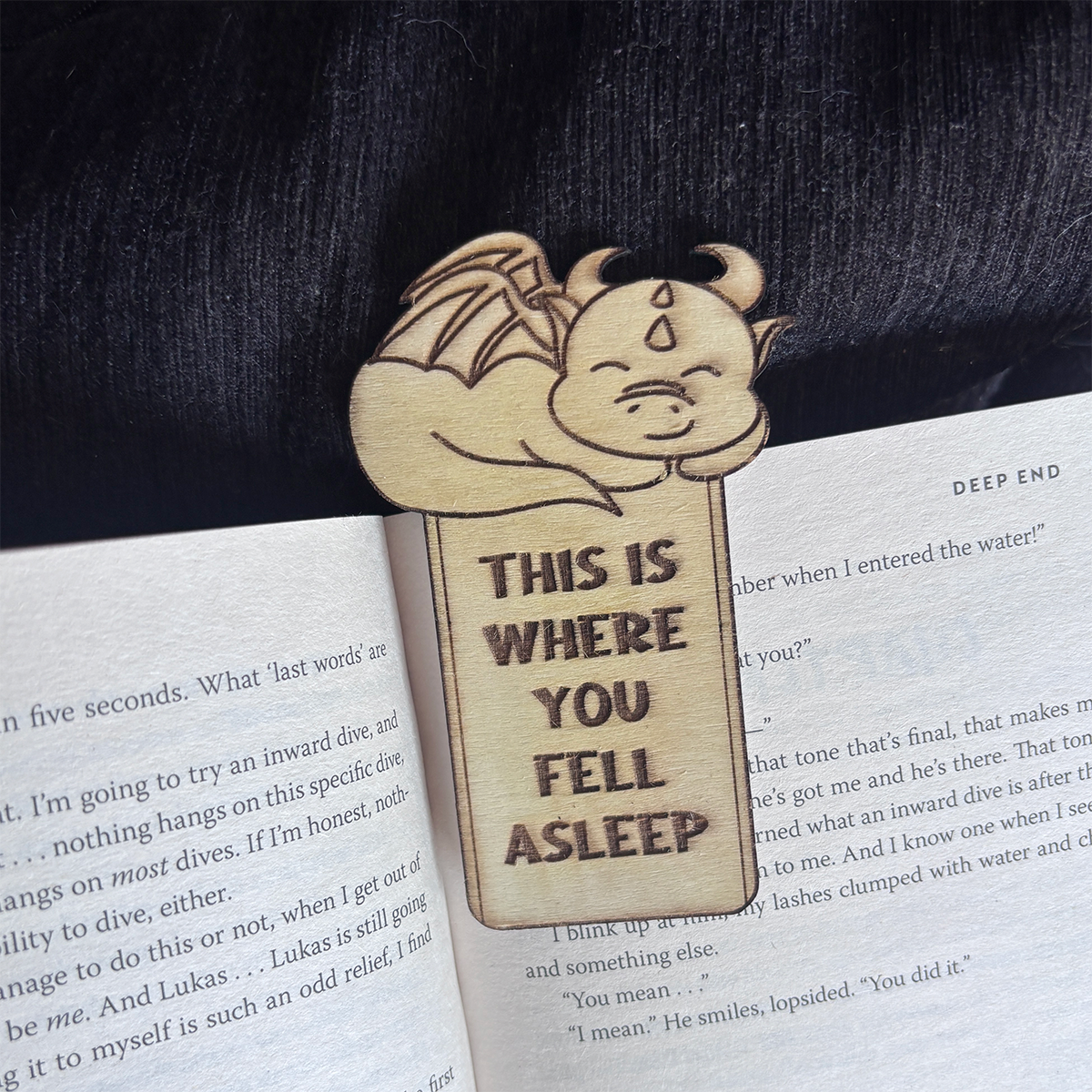 Wooden sleeping dragon bookmark l 'This is where you fell asleep'