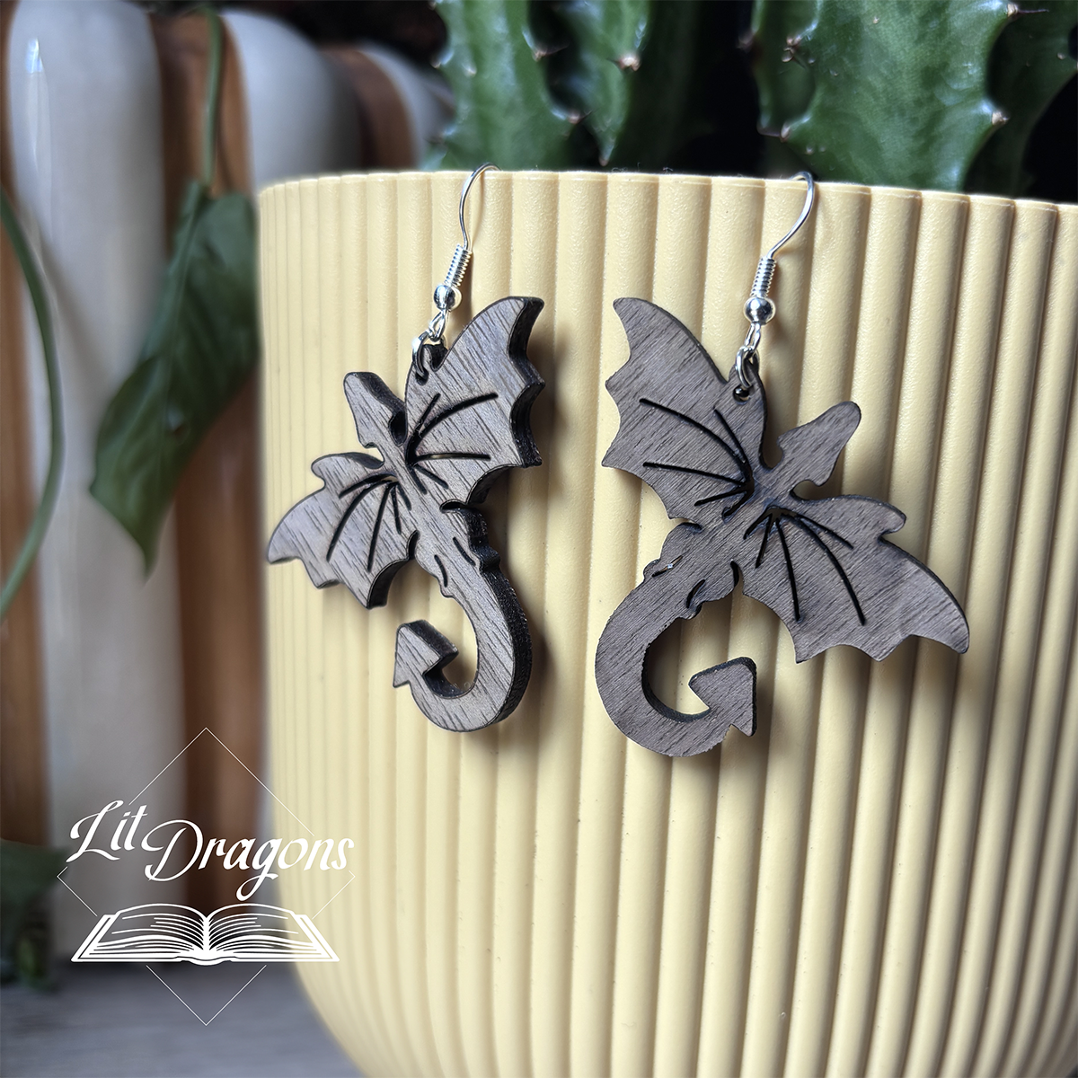 Wooden Dragon Drop Earrings, Handmade Fantasy Earrings