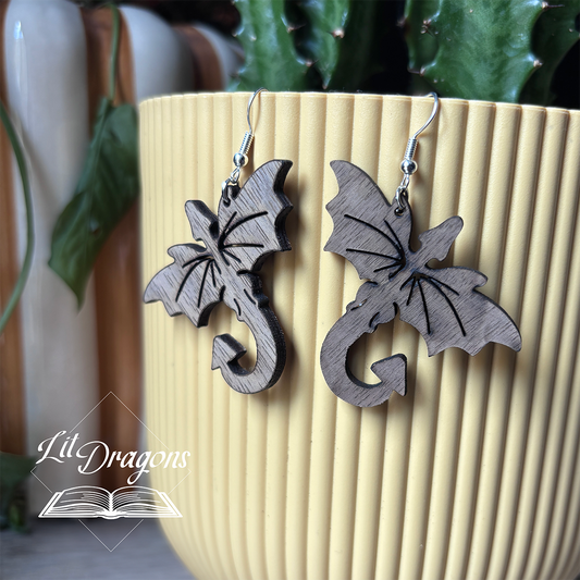 Wooden Dragon Drop Earrings, Handmade Fantasy Earrings