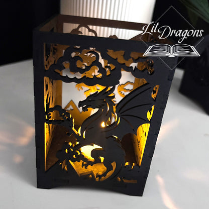 Dragon book lantern, LED wooden fantasy dragon book candle