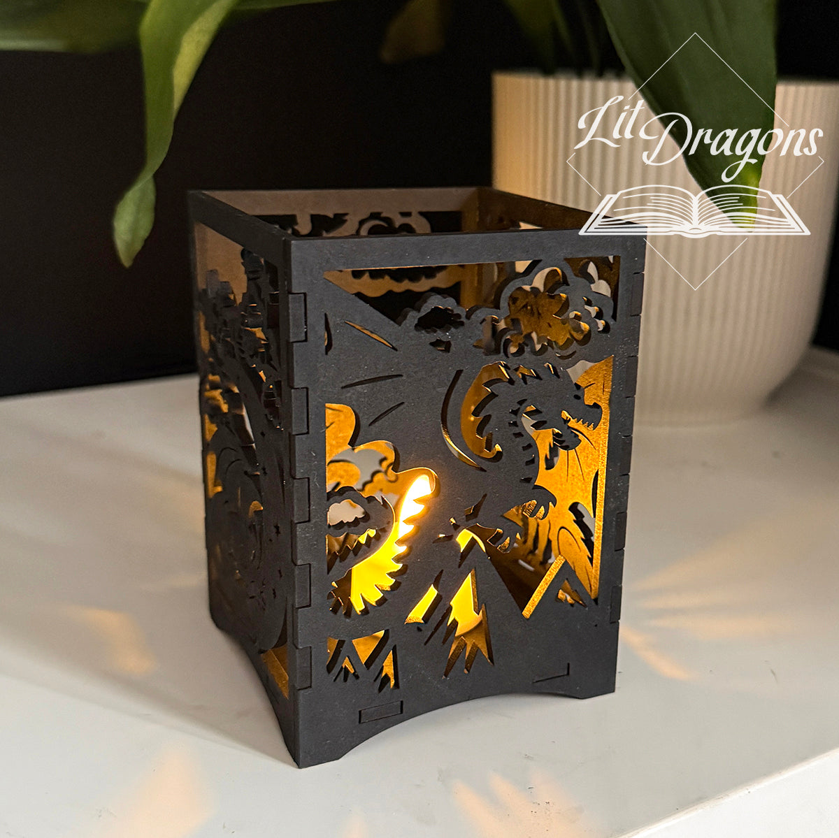 Dragon book lantern, LED wooden fantasy dragon book candle