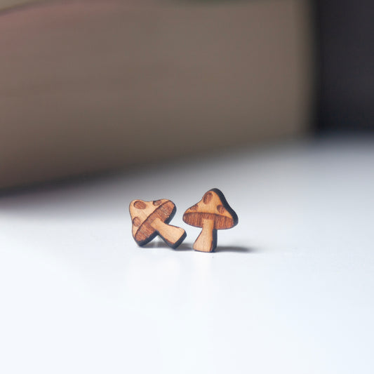 Mushroom Earring, Stud Wooden Mushroom Earrings