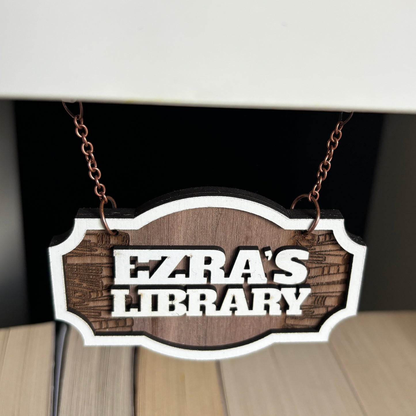 Personalised Shelf Hanger, Library Name Sign