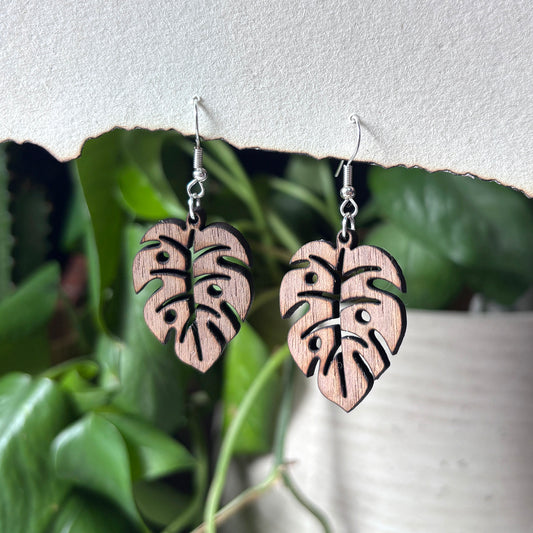 Hanging Monstera Earring, Wooden Handmade Earrings