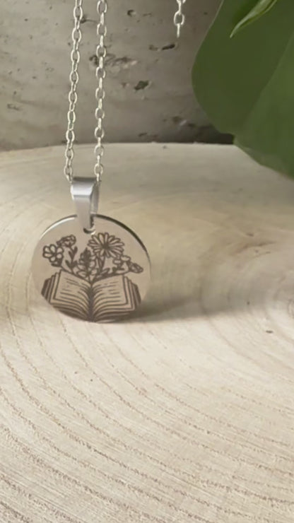 Bookish Necklace, 304 Stainless Steel floral pendant, engraved book jewellery