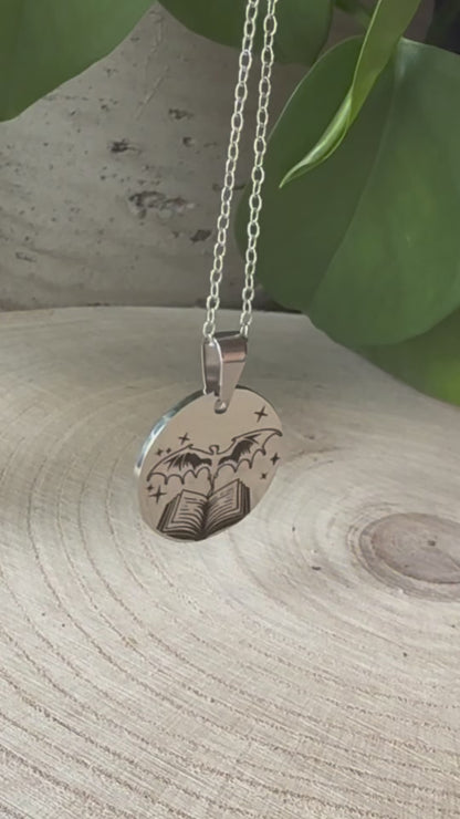 Dragon Bookish Necklace, 304 Stainless Steel pendant, engraved fantasy book jewellery