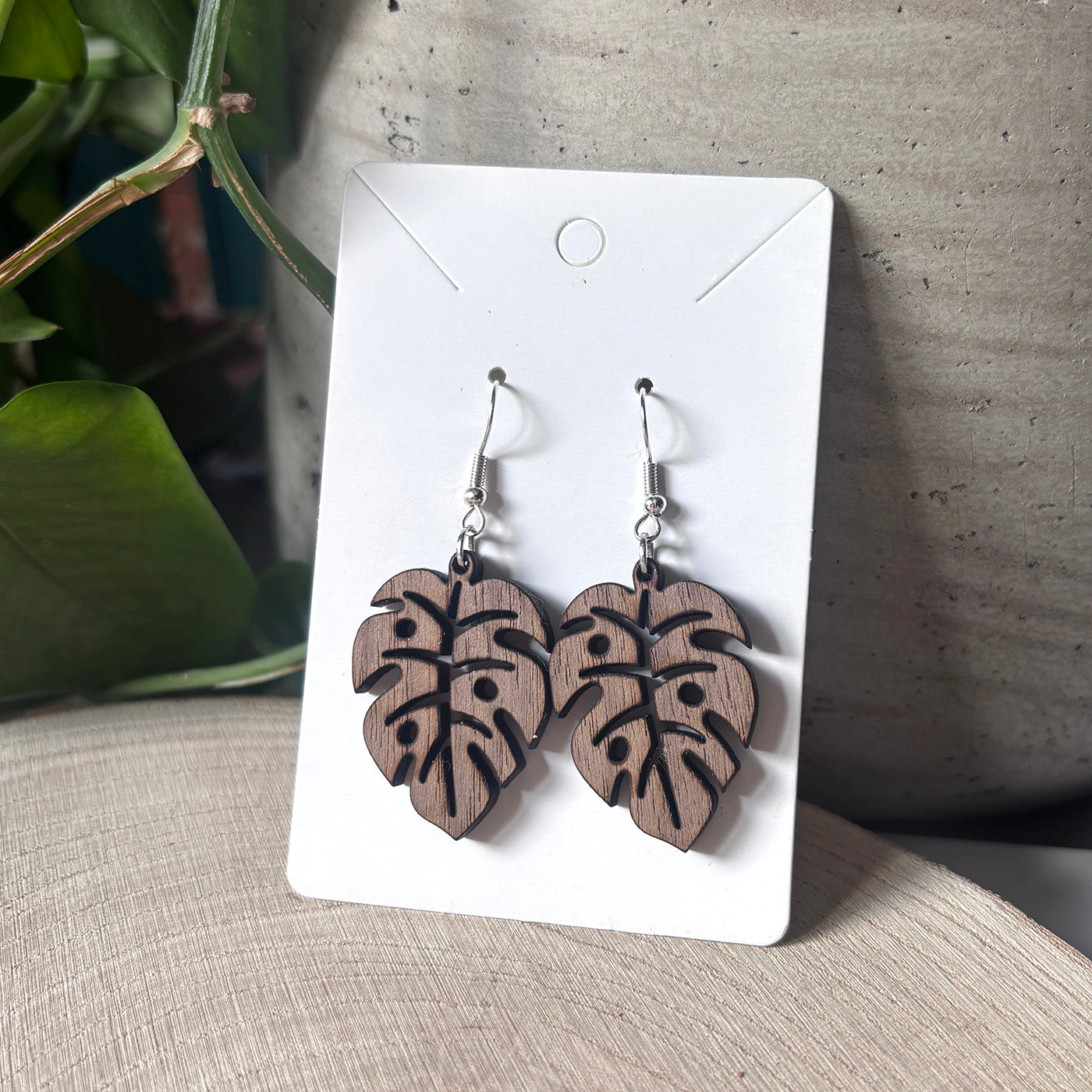 Hanging Monstera Earring, Wooden Handmade Earrings