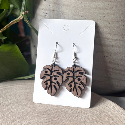 Hanging Monstera Earring, Wooden Handmade Earrings
