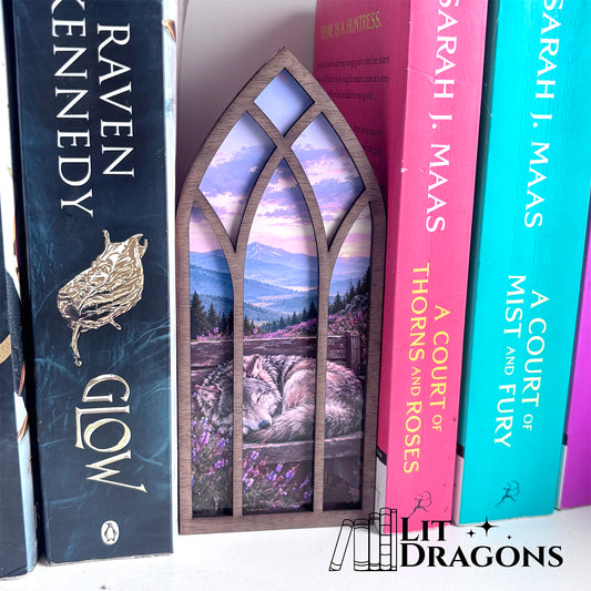 Sleeping Wolf Bookmark box, Bookcase Window with Bookmark box