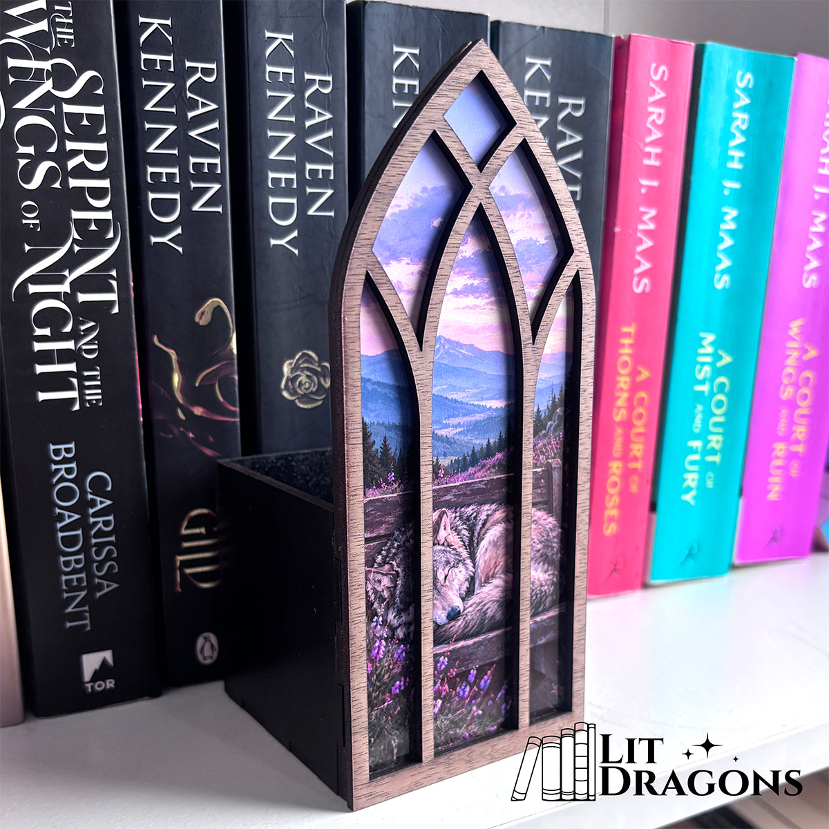 Sleeping Wolf Bookmark box, Bookcase Window with Bookmark box