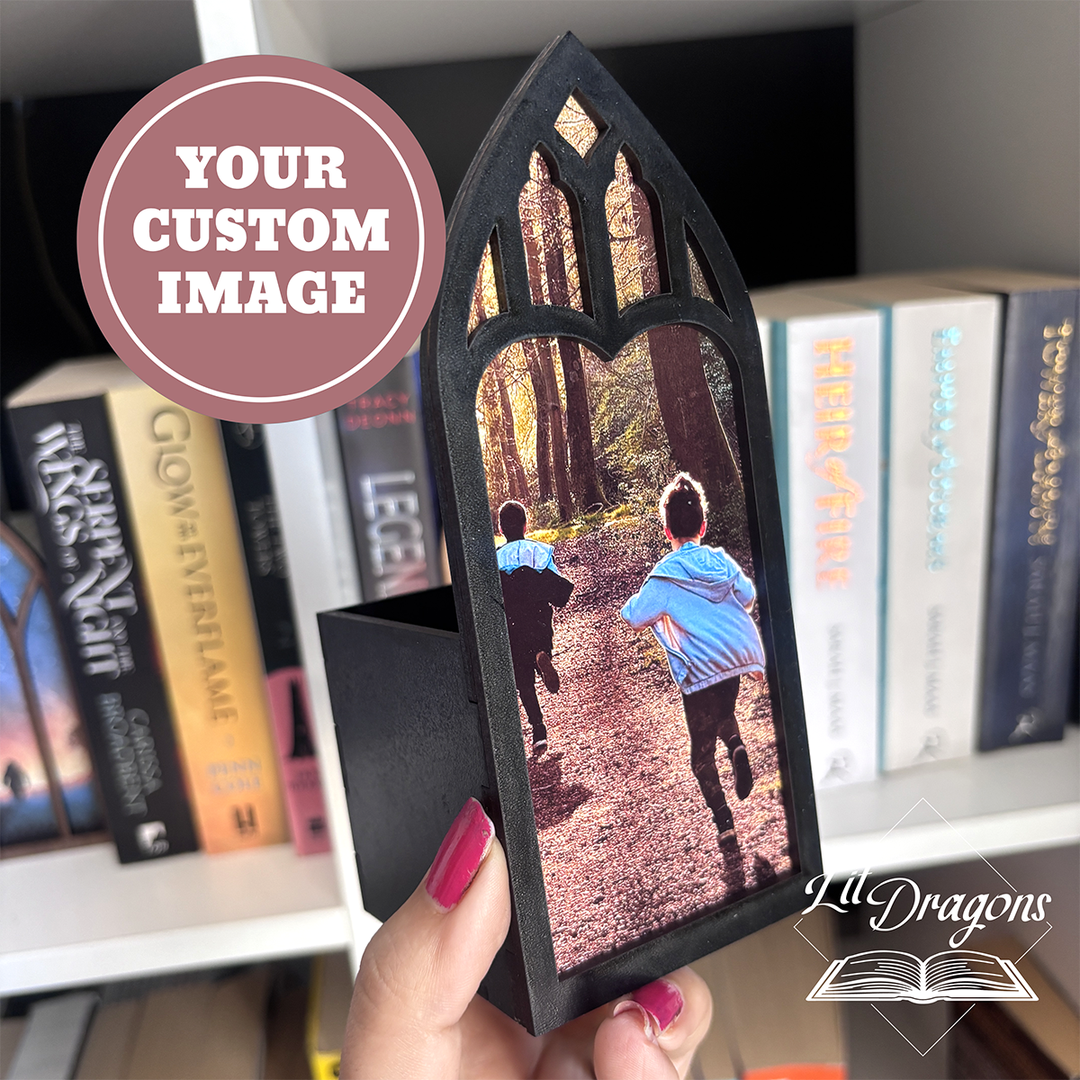 Personalised Photo Window Bookmark box, Bookcase Window with Bookmark box